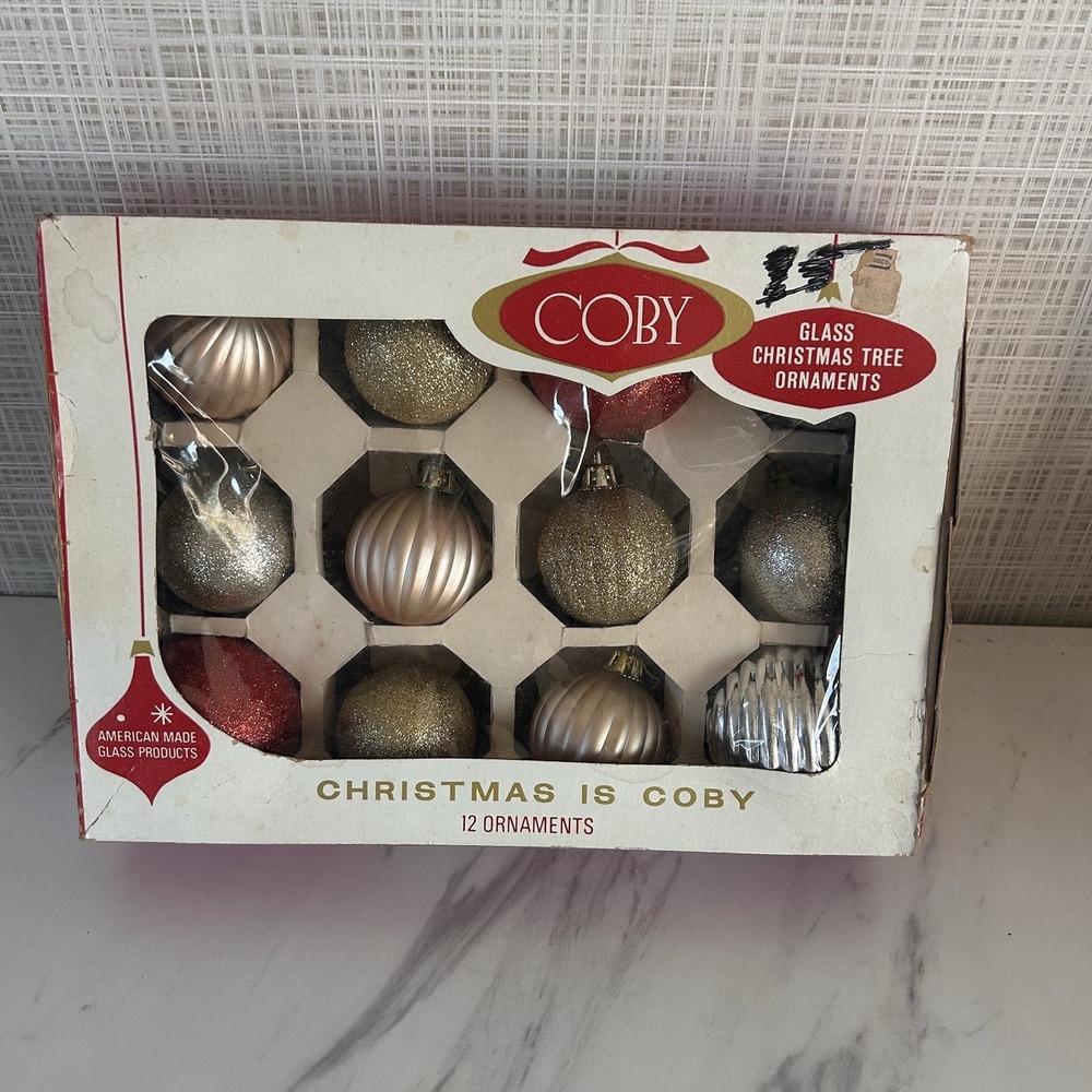 Vintage Coby Glass Christmas Ornaments Box & Ornaments USA American Made‎ 1970s